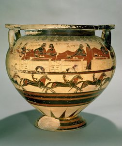 Catorze-krater dos Coríntios, de figuras negras, que representava Herakles jantando com Eurytios e seus filhos, esperados por Iole, acima de uma fileira de cavaleiros, de Cerveteri, c.600 aC (cerâmica) (ver também 92575)